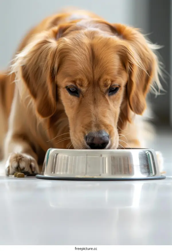 Golden Retriever Eating Food from Bowl on Floor