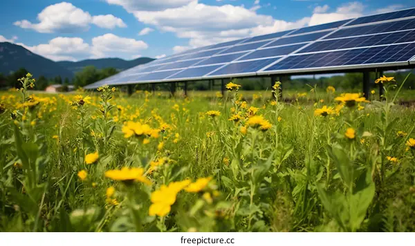 Large solar panel array in a lush green field of wildflowers under a blue sky with white clouds