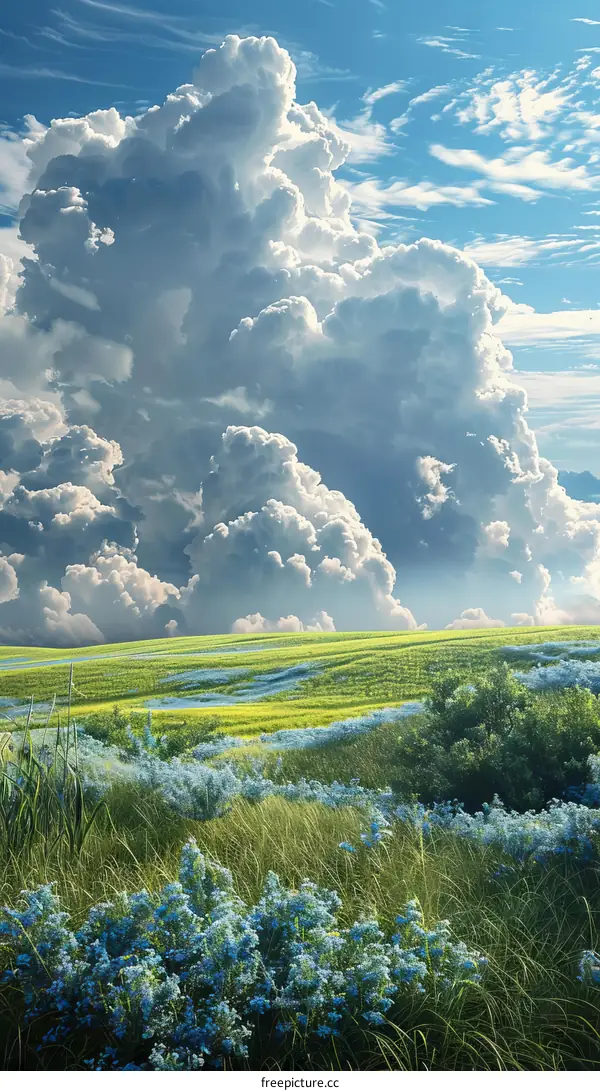 Blue flowers and green grass field with white clouds and blue sky
