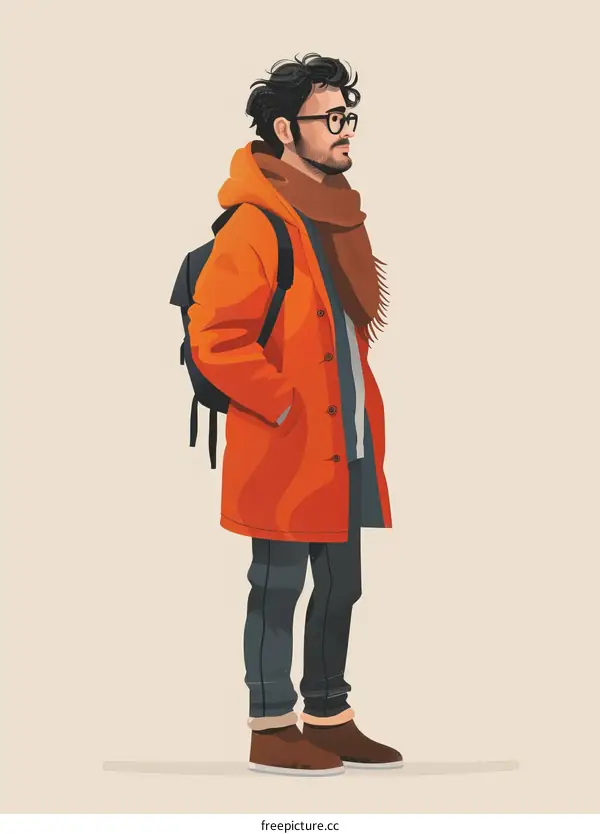 A man with a beard wearing a red coat and glasses