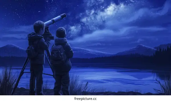 Two boys stargazing at the night sky