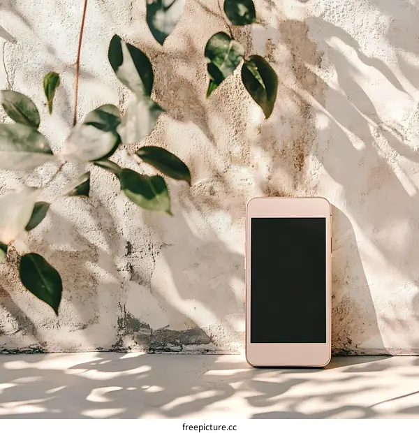 Golden Smartphone on Cement Wall With Greenery