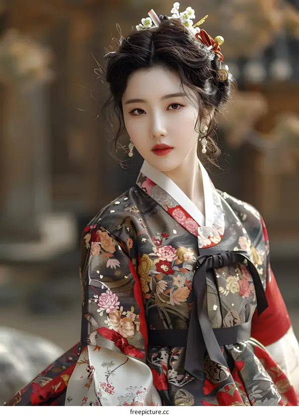 Portrait of a young woman in traditional Korean dress, or Hanbok
