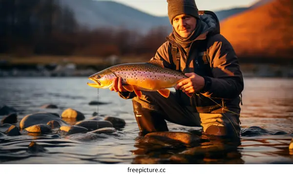 A fisherman kneels in the water and holds a large brown trout.