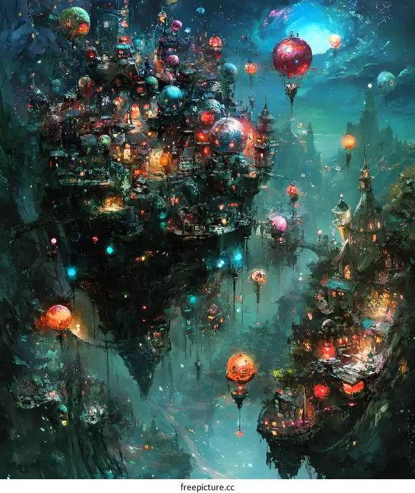Fantasy Cityscape with Floating Islands and Hot Air Balloons