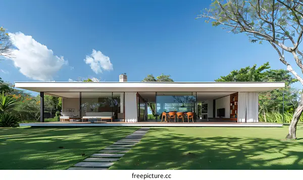Modern House with Large Windows and Green Grass