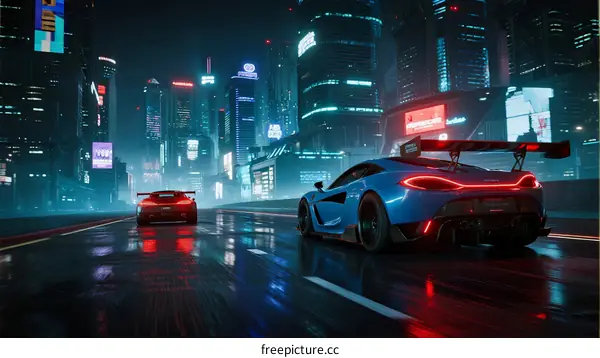 Two Sports Cars Racing Through Futuristic City at Night