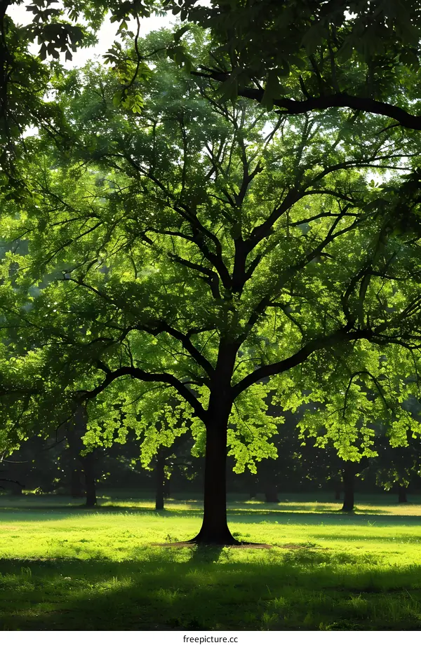 Sunlight shining through the green leaves of a large tree in the park
