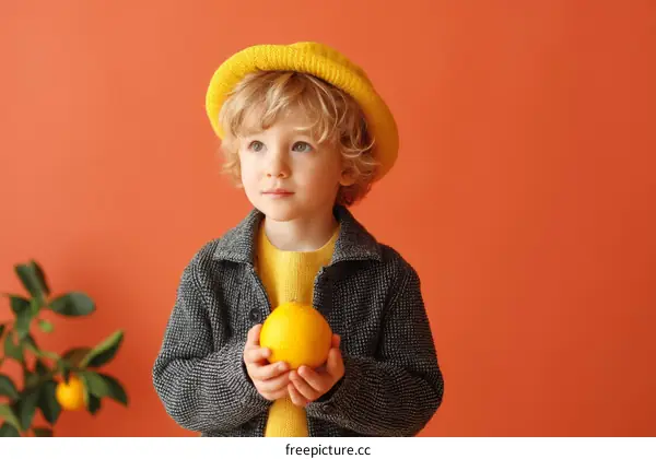 Cute Child Holding a Lemon in a Yellow Hat