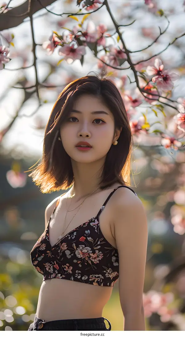 Young Asian Woman in Floral Top Posing with Pink Flowers