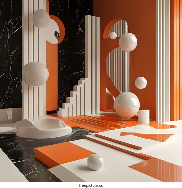 Abstract Geometric Shapes in Orange and White Color Scheme 3D Rendering