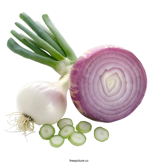 [Transparent Background PNG]Fresh Red Onion with Green Onions on White Background