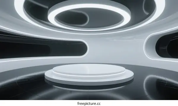 Futuristic Circular Platform with Reflective Black Floor and White Lighting