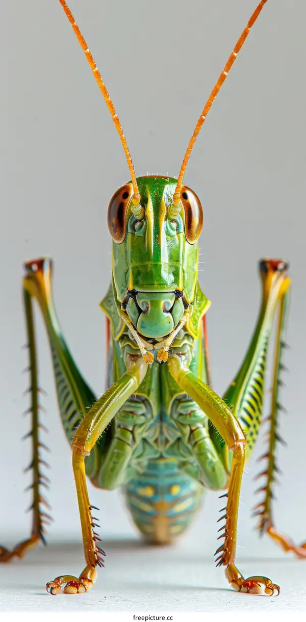 A green and brown katydid is perched on a white surface