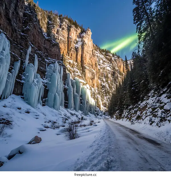 Winter Canyon With Ice Formations And Northern Lights