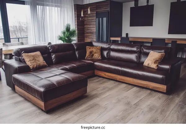 Modern Brown Leather Sectional Sofa in a Stylish Living Room