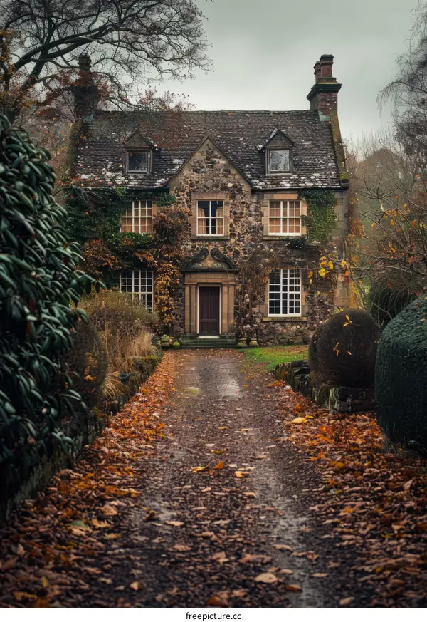 Stone Cottage Nestled Amidst Autumn Foliage