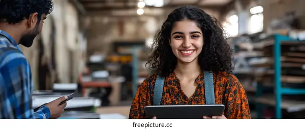 Smiling Woman Holding Tablet In Workshop