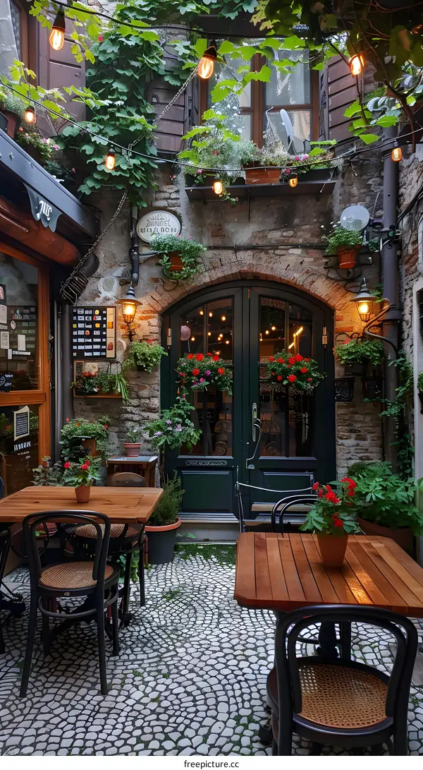 Charming European courtyard with flowers and greenery