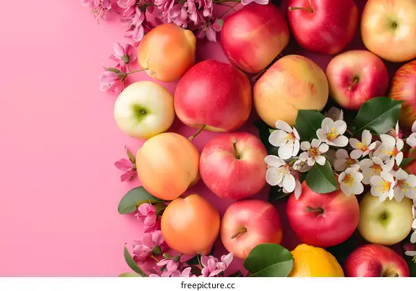 Fresh Red Apples, Peach and White Flowers on Pink Background