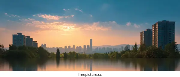 Sunrise over the Cityscape with Reflections