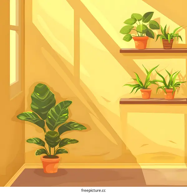 Indoor Plants Sunlit Room Cartoon Illustration