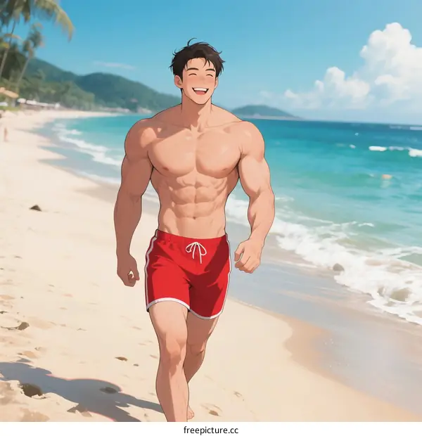 Muscular man running on a beautiful beach under clear sky
