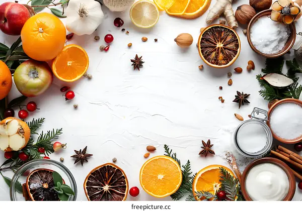 Christmas Spices and Fruits on White Background