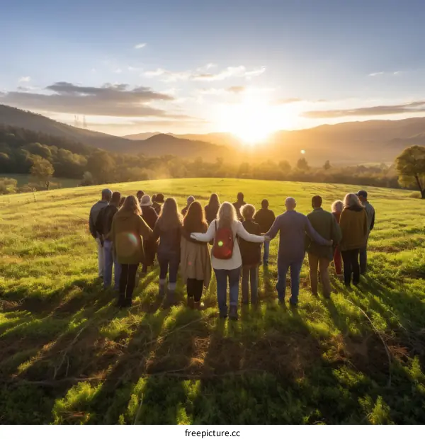 A group of diverse people stand in a circle in a field, holding hands and looking out at the sunset.