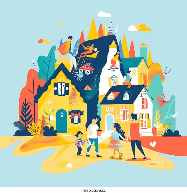 Colorful Illustration of Family Walking Through a Town
