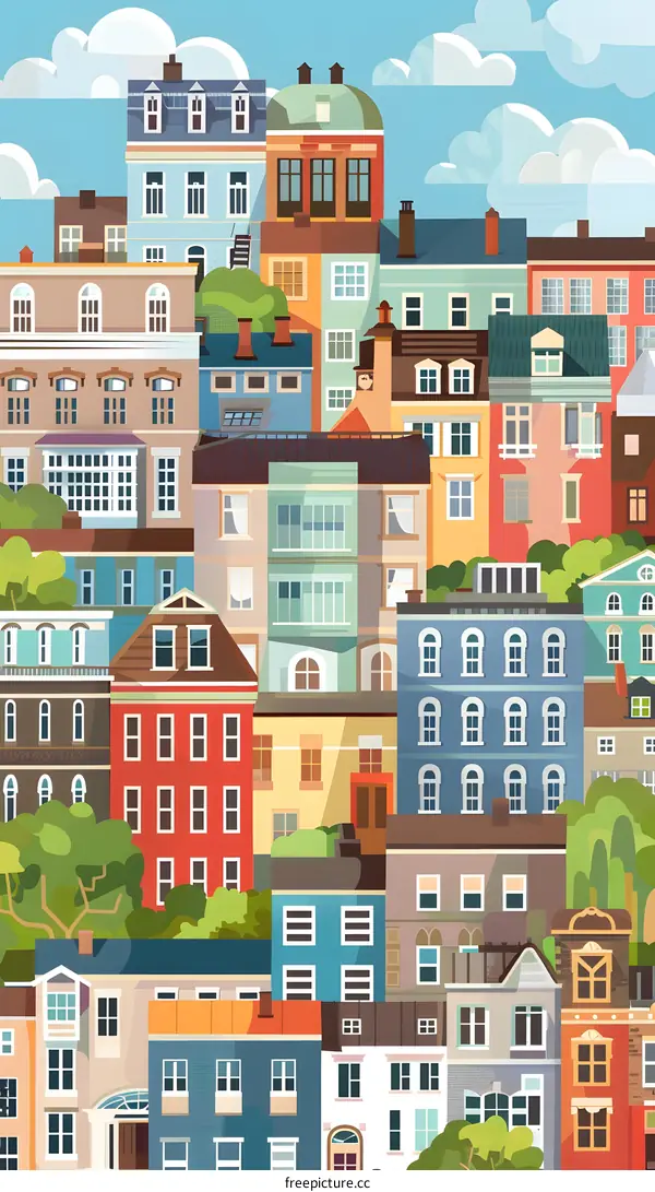 Colorful Cityscape with Multiple Buildings and Windows