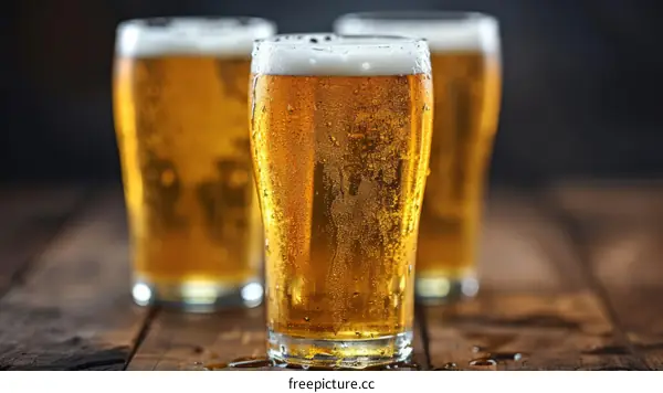 Three glasses of beer on a wooden table