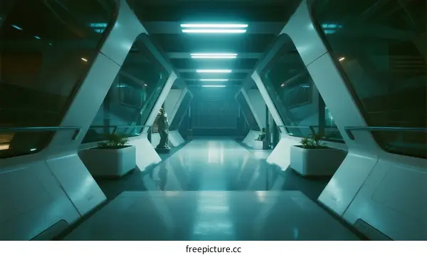 Futuristic Corridor with Glass Panels and Fluorescent Lights