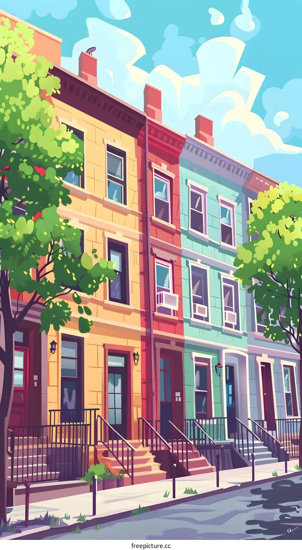 Colorful Row Houses On Sunny Day