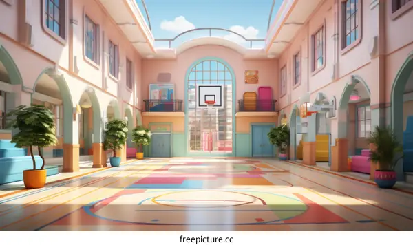 An illustration of a colorful school hallway with a basketball court