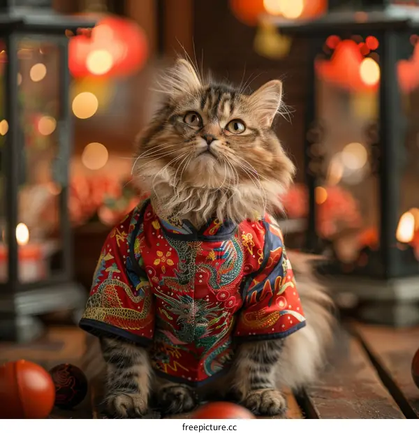 A cat wearing a red and gold Chinese traditional costume is sitting in front of a red lantern.