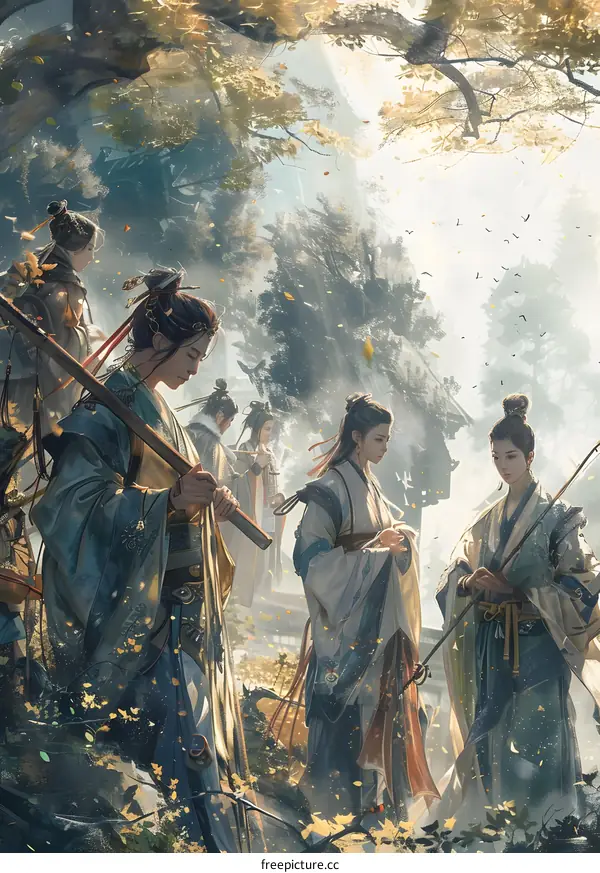 Five People in Traditional Chinese Clothing Walking in a Forest