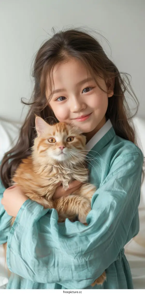 A cute little Asian girl hugging an orange cat