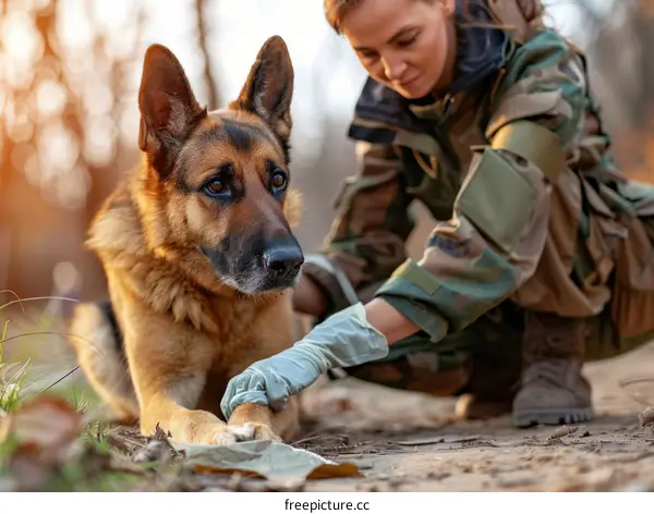 A female soldier is treating the paw of a German Shepherd dog