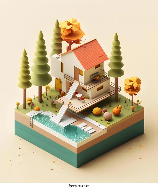 Low Poly Illustration of a House with a Pool in the Backyard