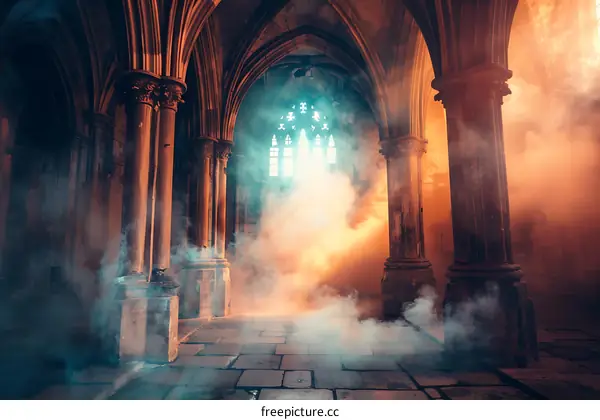 Stone Pillars and Arches in a Smoky, Glowing Cathedral
