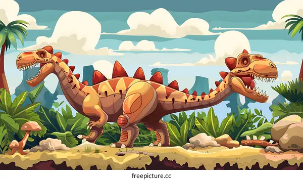 Cartoon Dinosaur Illustration With Two Heads