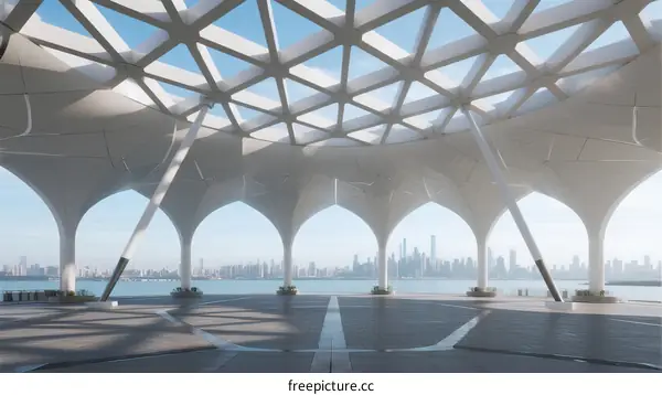 Modern Architectural Structure with Geometric Roof Overlooking Urban Skyline