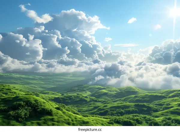 Sunlit Green Hills with White Clouds