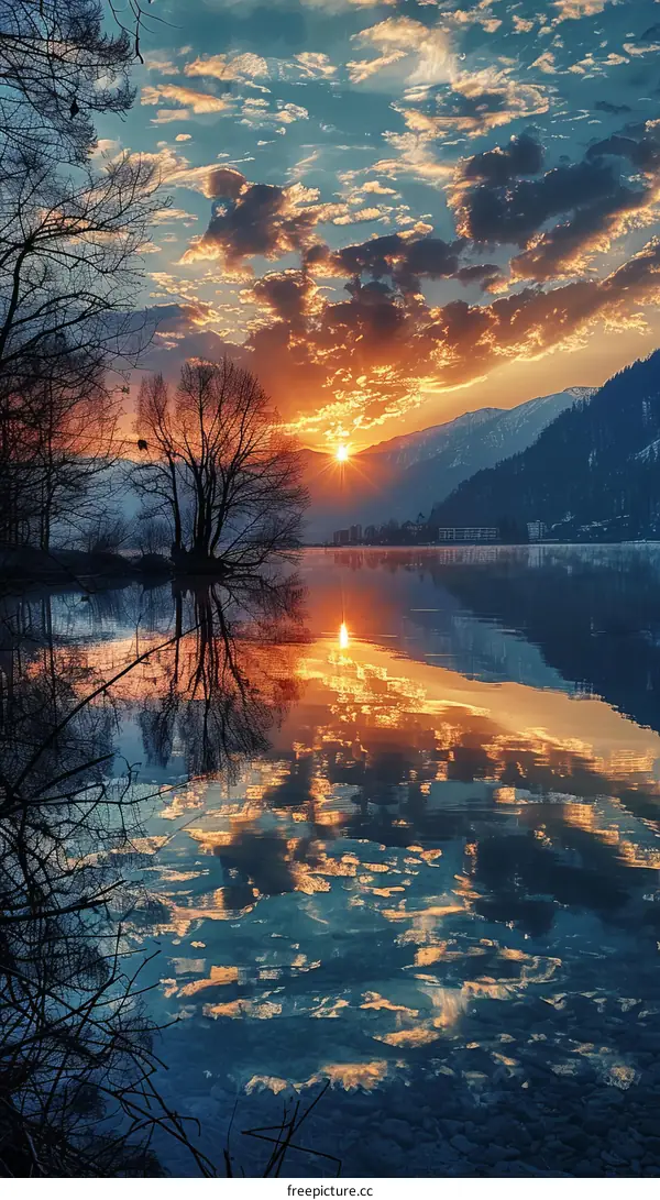 Serene Sunset Over a Lake with Snow-Capped Mountains