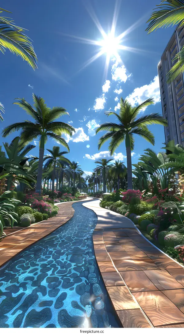 Tropical resort swimming pool with palm trees