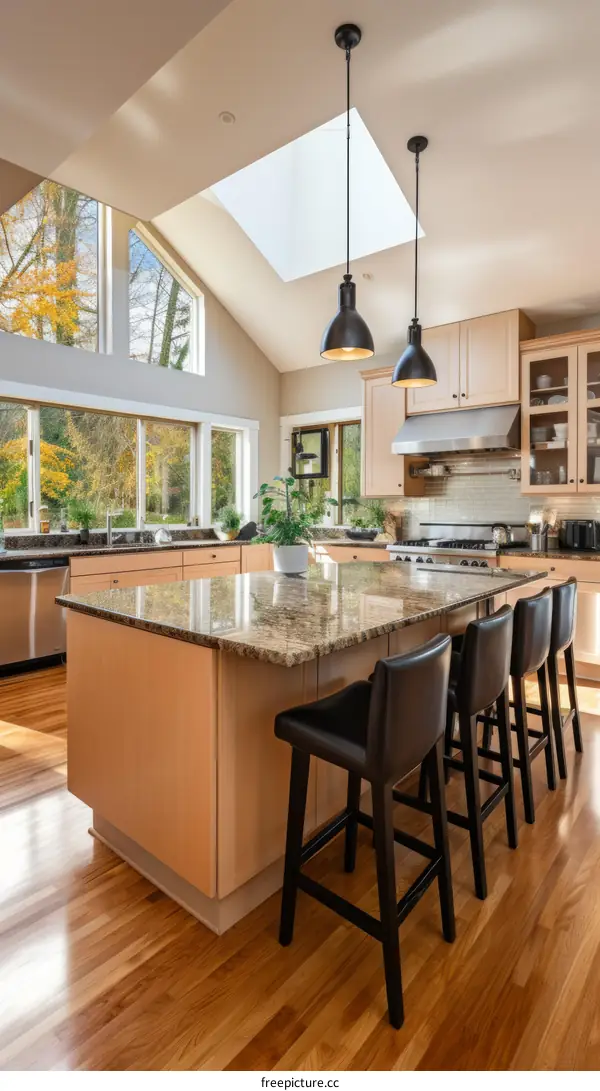 Kitchen island with seating and a view