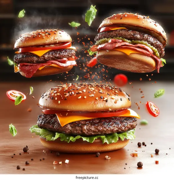 Delicious Flying Burgers Food Photography