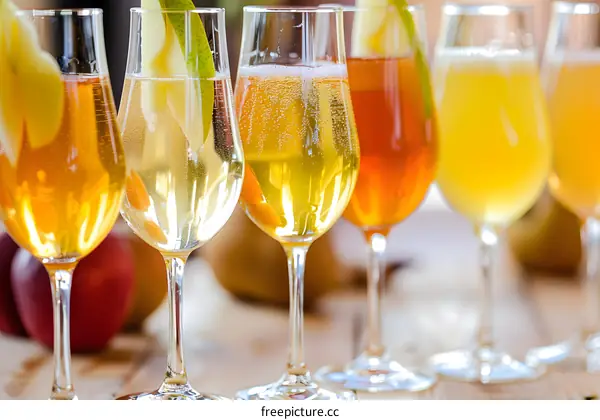 Closeup of Wine Glasses with Pear Slices