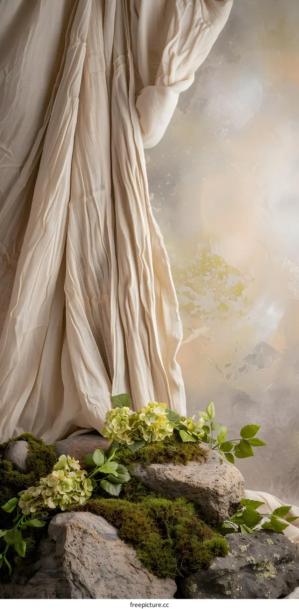 Textured Background with White Fabric and Green Moss